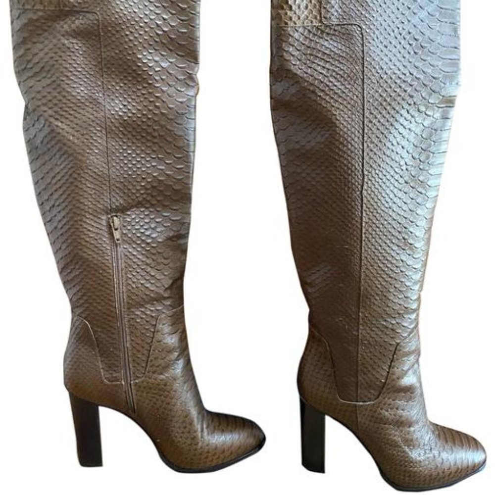 8 Vince Dempsey Boots,  Over The Knee Brown Leather Python Embossed Boots.